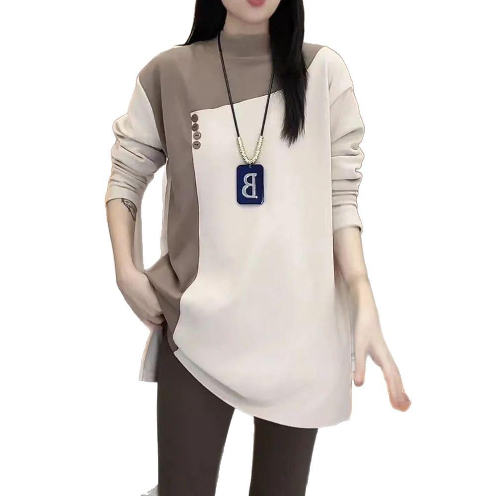 Women's Mid-Length Color Block Half-High Neck Base Layer Top - Autumn/Winter Style, Thickened Plus Velvet, Plus Size, Slimming, Stylish Design