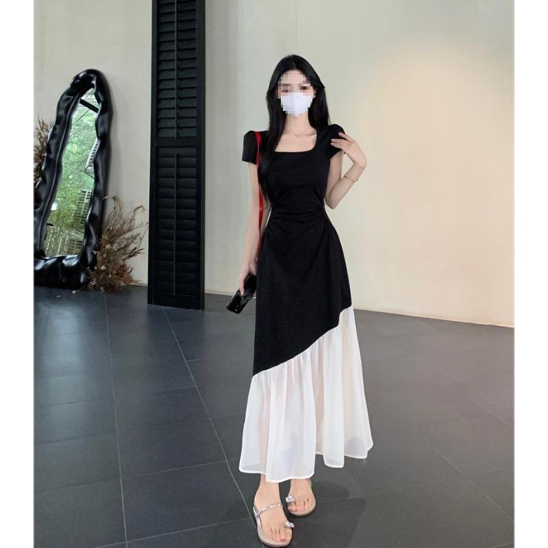 Large size women's clothing summer Hepburn style black and white contrasting color splicing dress square collar waist thin temperament long dress