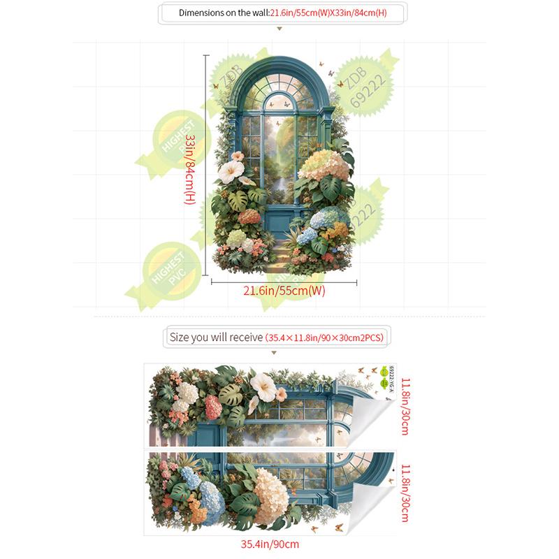 

Vintage Teal Window Garden Wall Mural 3D Tropical Floral Butterfly Removable Wall Sticker for Bedroom Living Room Entryway Decor