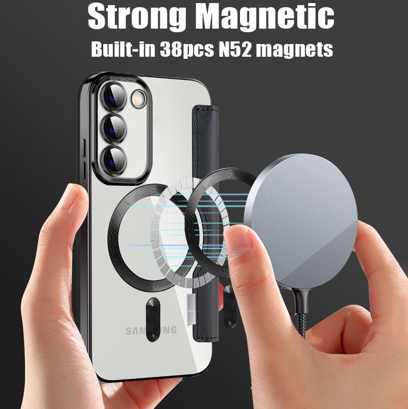 Leather Flip Cover Electroplat Silicone TPU Case For Samsung Galaxy S23 Ultra Plus Magnetic Wireless Charging Lens Glass Film