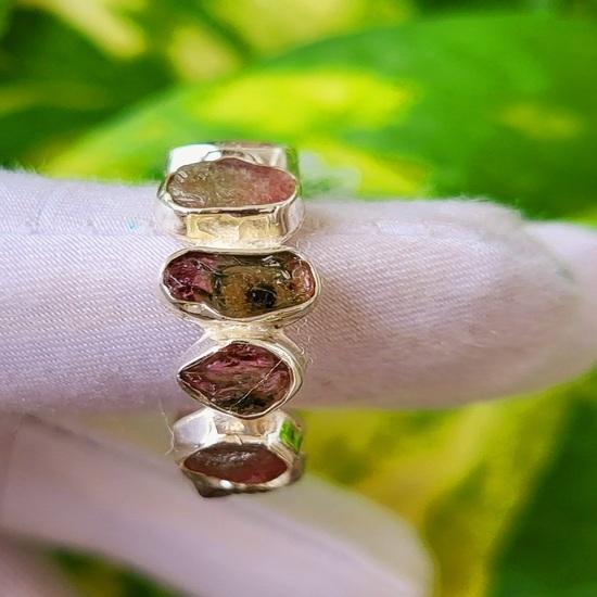 Natural Raw Bicolor Tourmaline Gemstone 925 Sterling Silver Eternity Ring 9 US