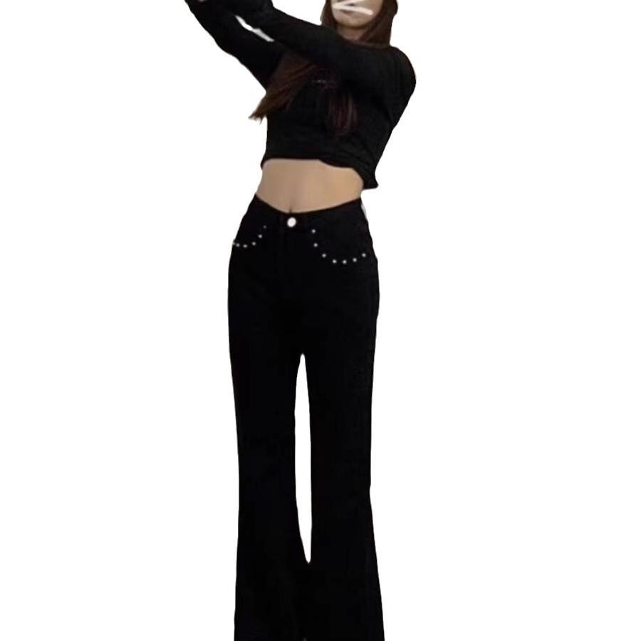 Women's Black High Waist Slimming Micro Flare Jeans - Versatile Korean Style for Spring & Autumn