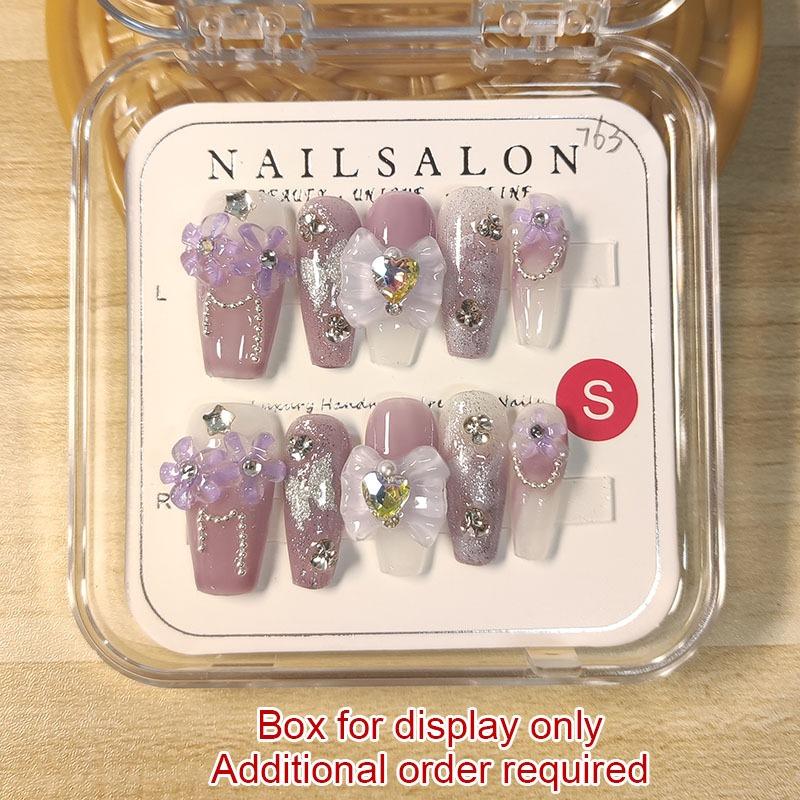 100% HANDMADE Coffin Shape Fake Nail Set With Glue Art Purple Starry Clear Iris Flower Applique Diamond Press On Nails Reusable and Removable
