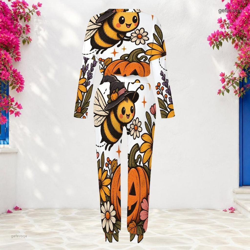 Women Plus Size Round Neck Long Sleeve Cat Printed Cuffed Top And Pants Two Piece Set