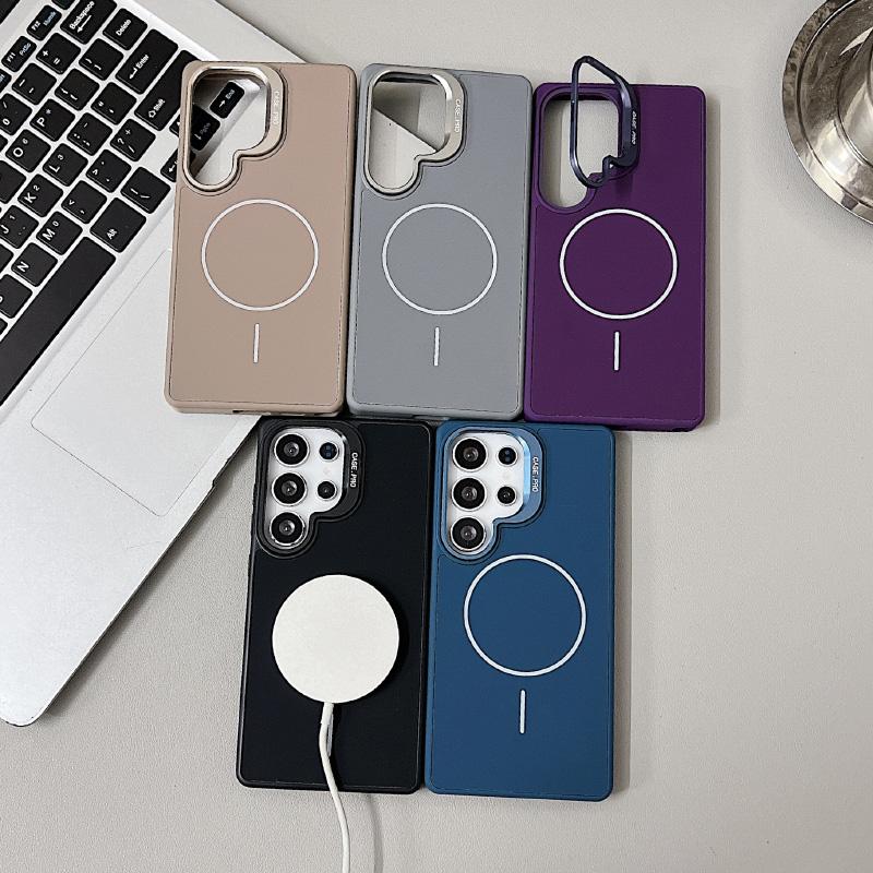 For Magsafe Magnetic Luxury Solid Color Liquid Silicone Lens Bracket Phone Case For Samsung S25 Ultra S24 Ultra Bumper Cover