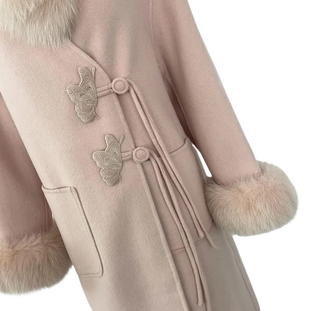 OFTBUY Autumn Winter Jacket Natural Real Big Fox Fur Collar Long Thick Warm Wool Blends Coat Women Outerwear Embroidery Chinese