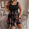 Women's Plus Size Sleeveless Color Block Printed Dress with Waist Tie for Casual Summer Wear