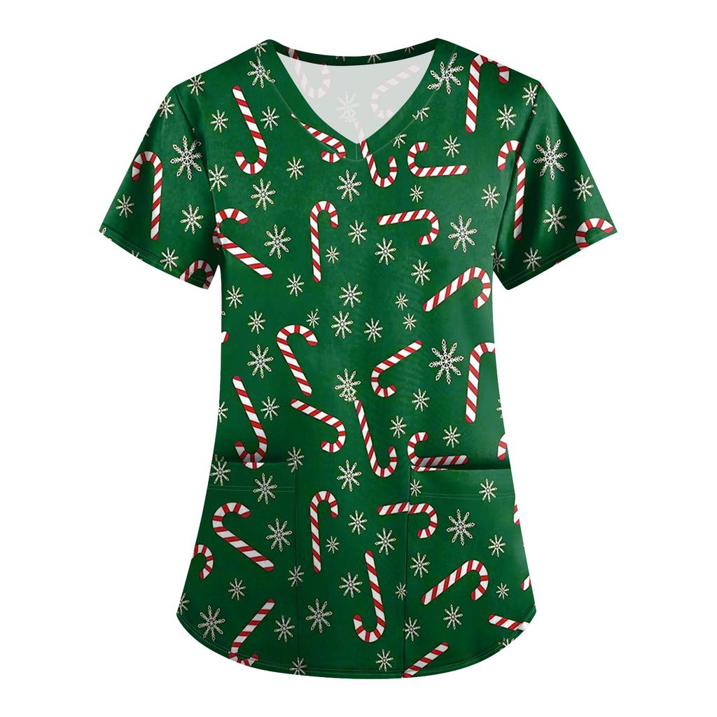 ÜbergrößeBedruckte Kasack Arbeitsuniform Oberteile für Damen V-Ausschnitt mit Überkreuzung Print Kurzarm Lustige T-Shirts Arbeitskleidung T-Shirt mit Taschen