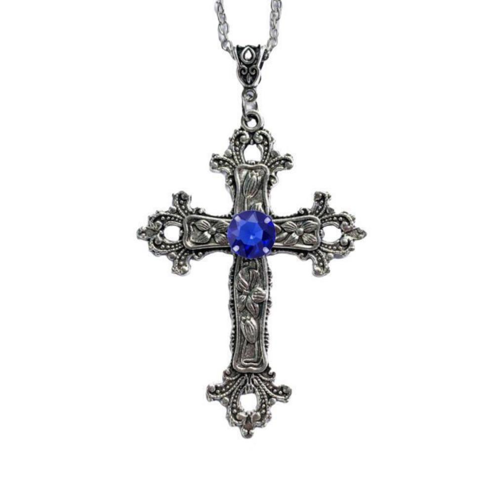 Creative Flower Pattern Cross Diamond Necklace Goth