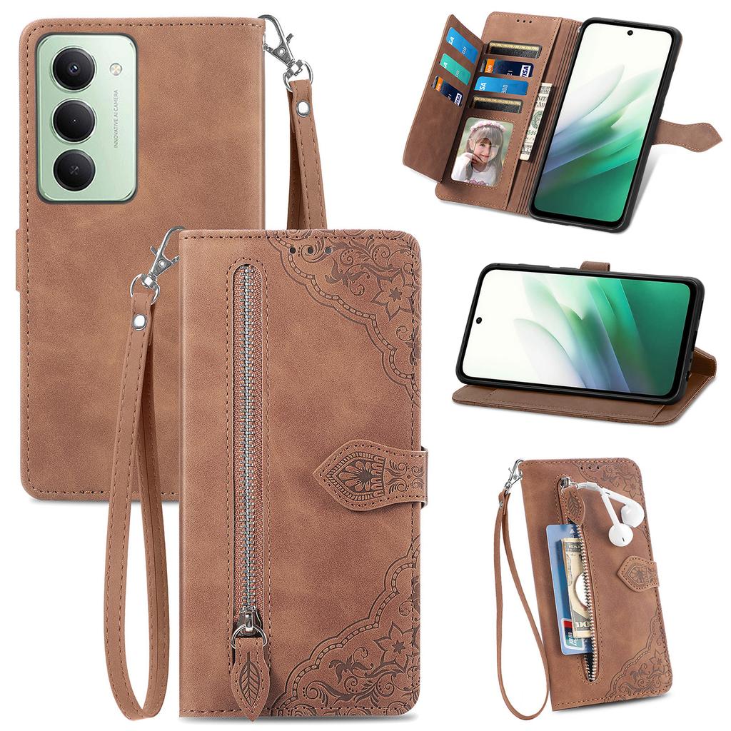 For Xiaomi Redmi 15 5G (Global) (169mm) Zipper Wallet Case with Strap Flower Imprint PU Leather Phone Cover