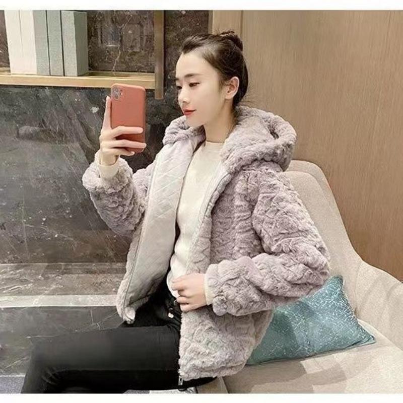 New thickened imitation Rex rabbit plush hooded short student milk whirring lamb wool cute casual imitation fur