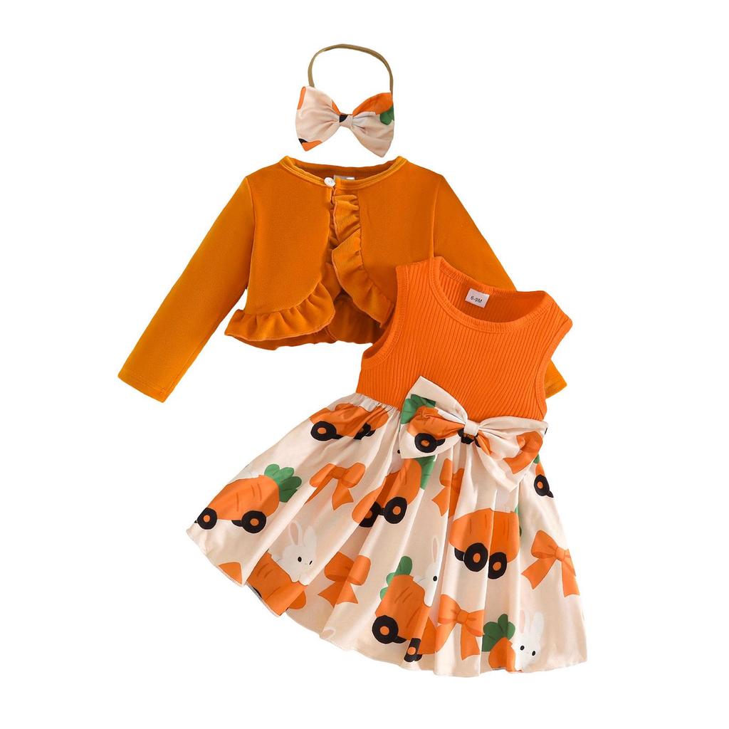 Nuovo Set Vestito di Pasqua per Bambina: Vestito Cappotto Peluche e Gilet con Fiocco con Design Coniglio Carota