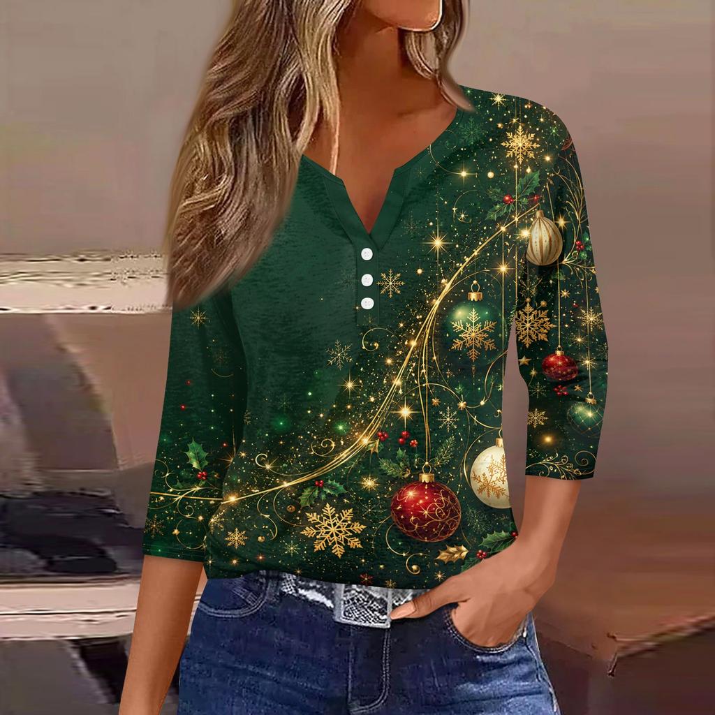 Women's Stylish Casual Christmas Print V-Neck Button Three-Quarter Sleeve T-Shirt