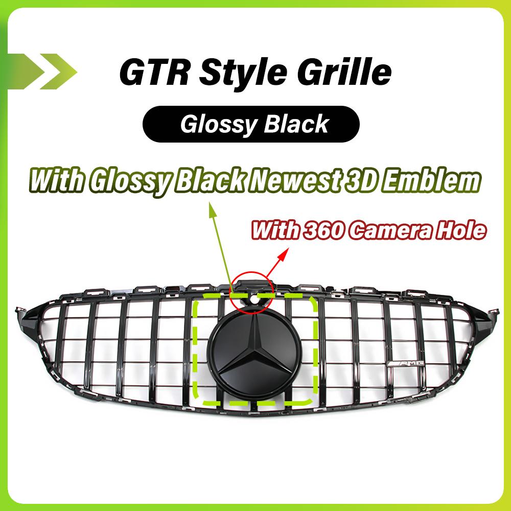Glossy Black GTR Style Bumper Grille With 3D ABS Star Emblem Logo For Mercedes Benz C-Class W205 2019-21 C180 C200 C300 C43 AMG