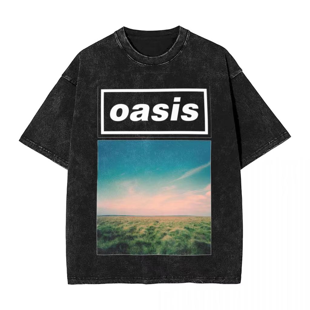 Men OASIS Live Tour Vintage Oversized Washed T-Shirts Summer Cotton Short Sleeve Definitely Maybe Rock Band Albums Streetwear Tees
