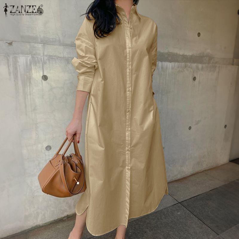 ZANZEA Women Casual Turn Down Collar 3/4 Sleeve Loose Shirt Dress