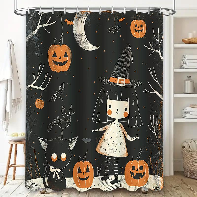 Halloween-themed shower curtain featuring a witch girl with cats and pumpkins for bathroom decor accessories Free shipping worl