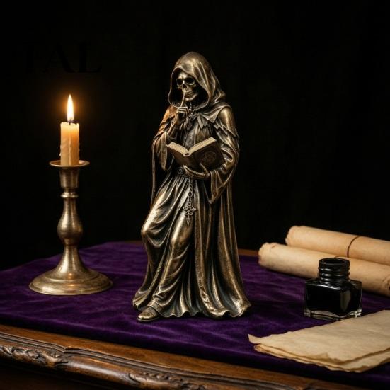 Haunted Bedroom Display Gothic Hooded Reaper Reading Book Resin Statue, Mystical Wizard Skull Figurine Artistic Statue Desktop Bookshelf Decor,