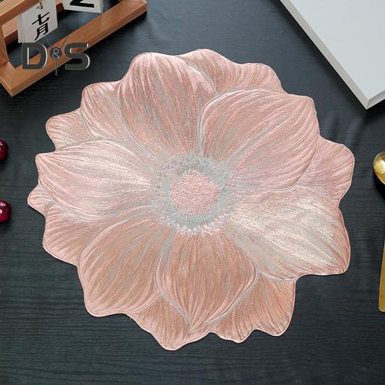 PVC Placemats for Dining Pressed Vinyl Metallic Flower Table Mats 15 Inch Round Tablemats Vinyl Place Mats for Kitchen Table Holiday Wedding