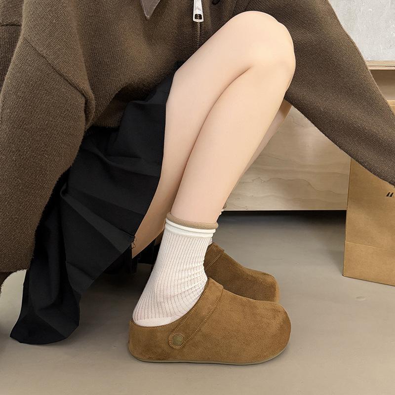 Thick-soled Heightening Women's Autumn New Outer Wear Small Shoes with Fleece Bag Head and Half Slippers