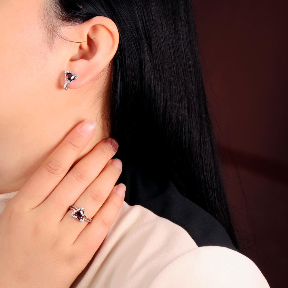 Luxuriöses Set mit Ohrringen und Ringen für Damen, 925er Sterlingsilber, natürlicher Rhodolith-Edelstein, Modeschmuck, Geschenk zur Geburtstagsfeier