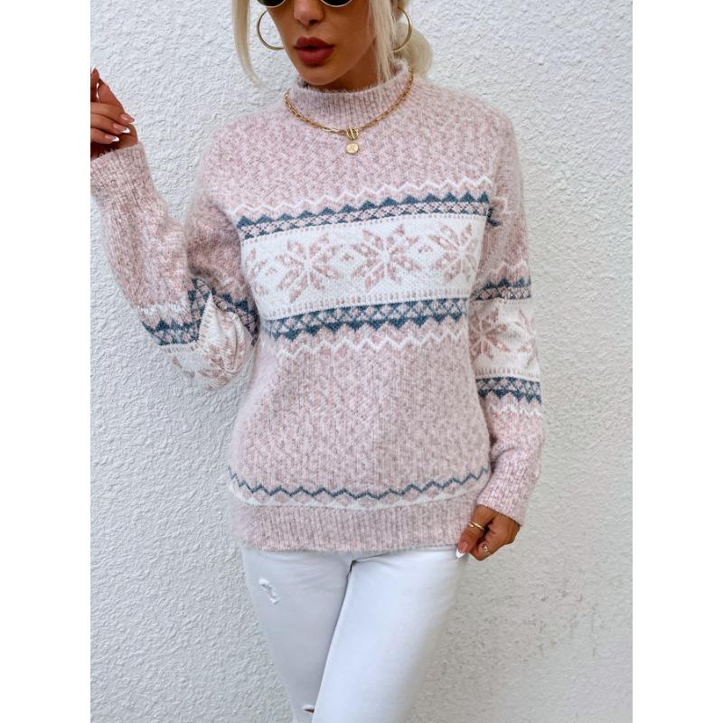 Damen Strickwaren Herbst/Winter Weihnachtspullover Halbrollkragen Schneeflockenpullover