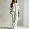 Women's Summer Two Piece Set Solid Color Short Sleeve Button Down Collar Shirt and Casual Wide Leg Pants Lightweight Fabric
