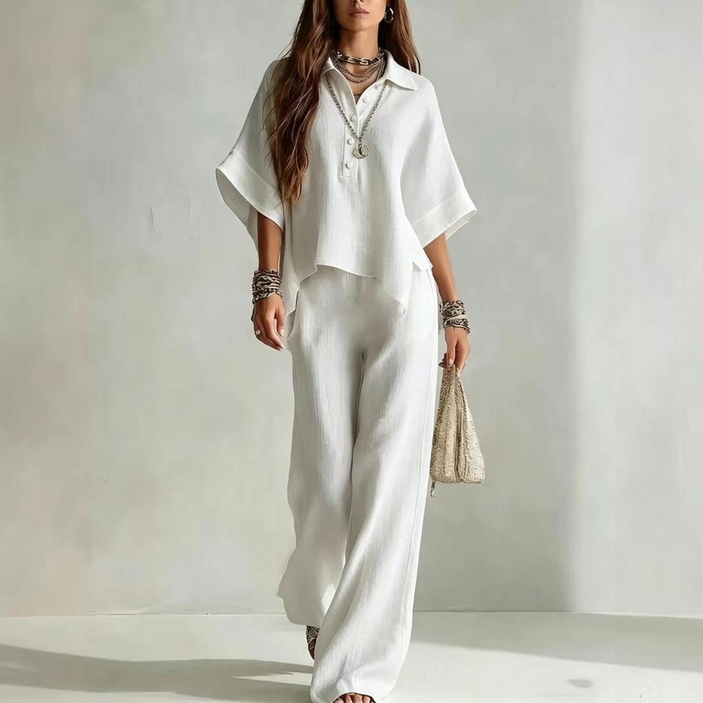 Women's Summer Two Piece Set Solid Color Short Sleeve Button Down Collar Shirt and Casual Wide Leg Pants Lightweight Fabric