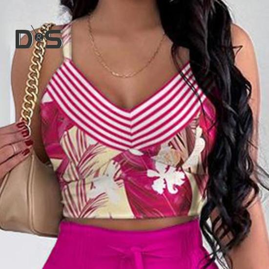 Summer Two Piece Outfits for Women Sleeveless V-neck Halter Tank Top Wide Leg Pants Set Summer Casual Floral Print Matching Suit