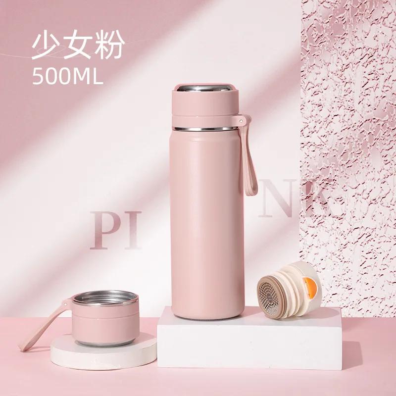 350/500/600ml 316 Stainless Steel Vacuum Flask, Portable Outdoor Sports Water Bottle with Drinking Cup Lid & Carry Lanyard
