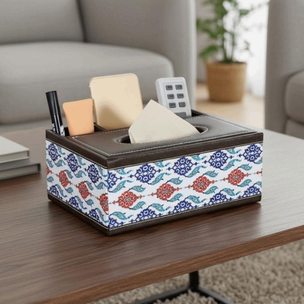 4 Grid Multi-functional Tissue Box Artificial Leather Tissue Storage Box Tissue Organizer  Cafe
