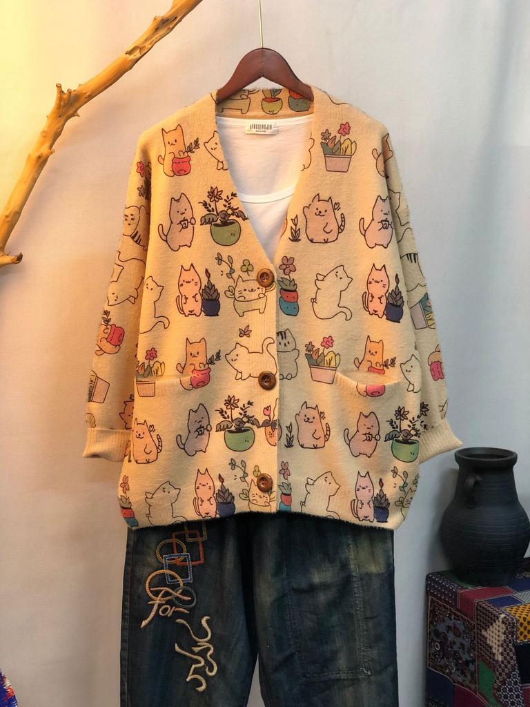 Factory new autumn and winter cute printed imitation mink velvet jacket women's Korean version loose lazy sweater