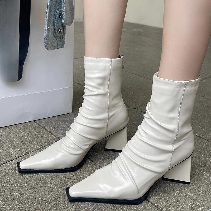 

Fashion Pointed Toe High Heel Booties Women s Triangle Heel Vintage Soft Leather Pleated White Ankle Boots 35 белый