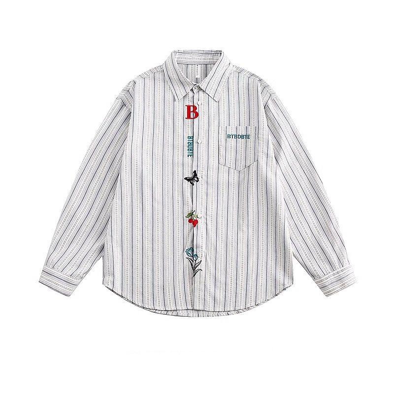 Unisex Retro Striped Long-Sleeve Embroidered Shirt: Versatile Casual Wear for Spring & Autumn