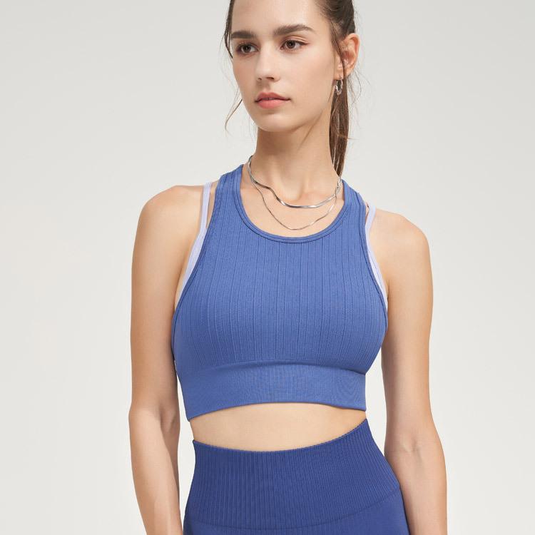 Женский бесшовный бюстгальтер для йоги с цветными блоками, цельный лоскутный жилет с перекрестными бретелями на спине, противоударный спортивный жилет для фитнеса S серо голубой
