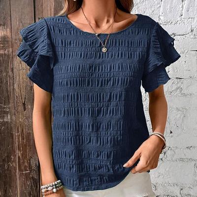 Moda damska Casual Lato Wiosna Jednolity kolor Drukuj Bluzki i koszule z krótkim rękawem i dekoltem w kształcie litery O