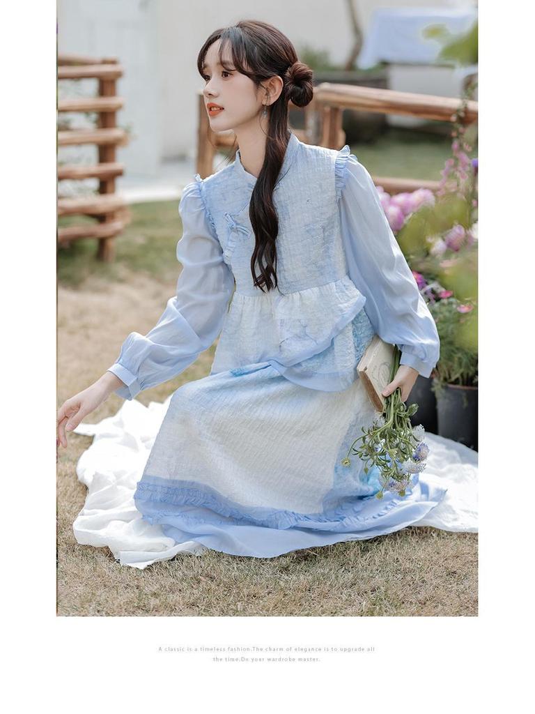 Spring & Autumn New Chinese Moon White/Blue Two-Piece Skirt Set for Women