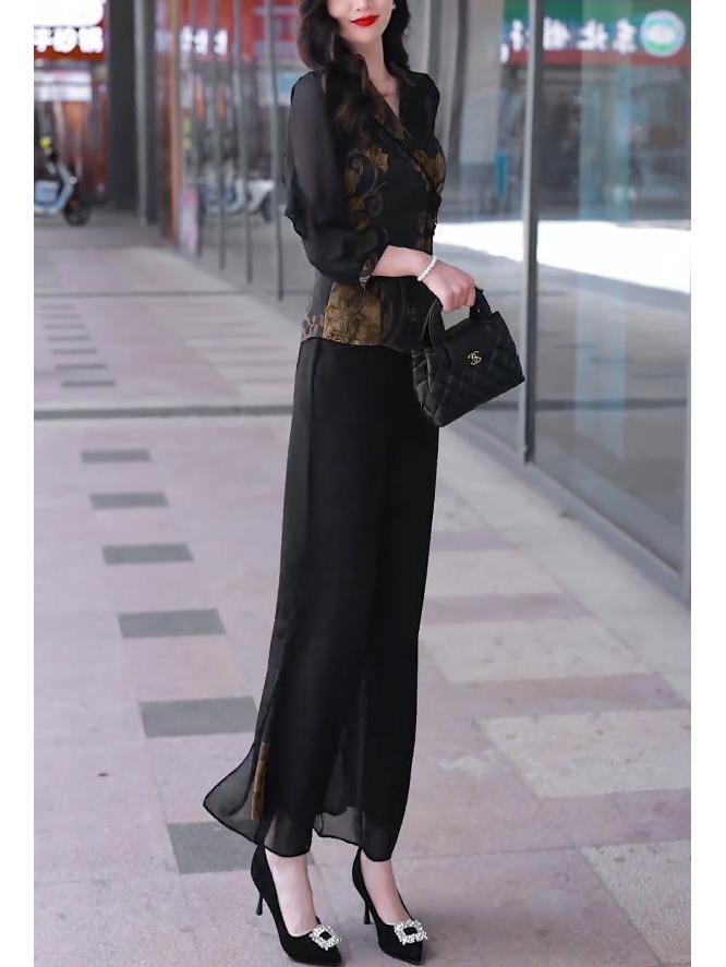 Luxury Women's Chinese-Style Wide-Leg Pants Set - Spring 2025 Collection: Elegant Two-Piece for Spring & Autumn