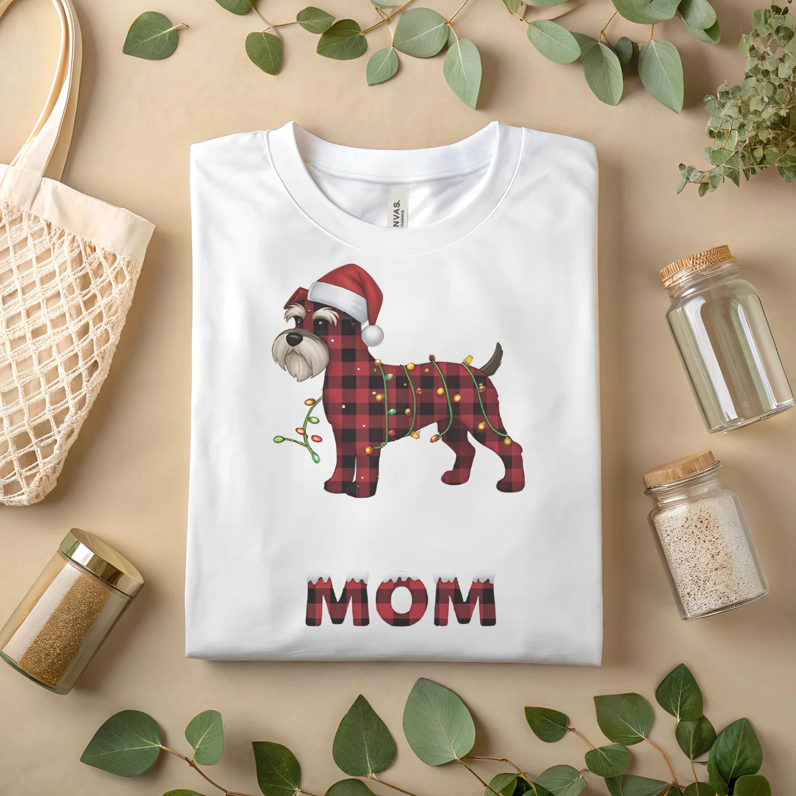 

Christmas Dog Mom T-Shirt – Plaid Schnauzer with Santa Hat & Lights Tee A508 M