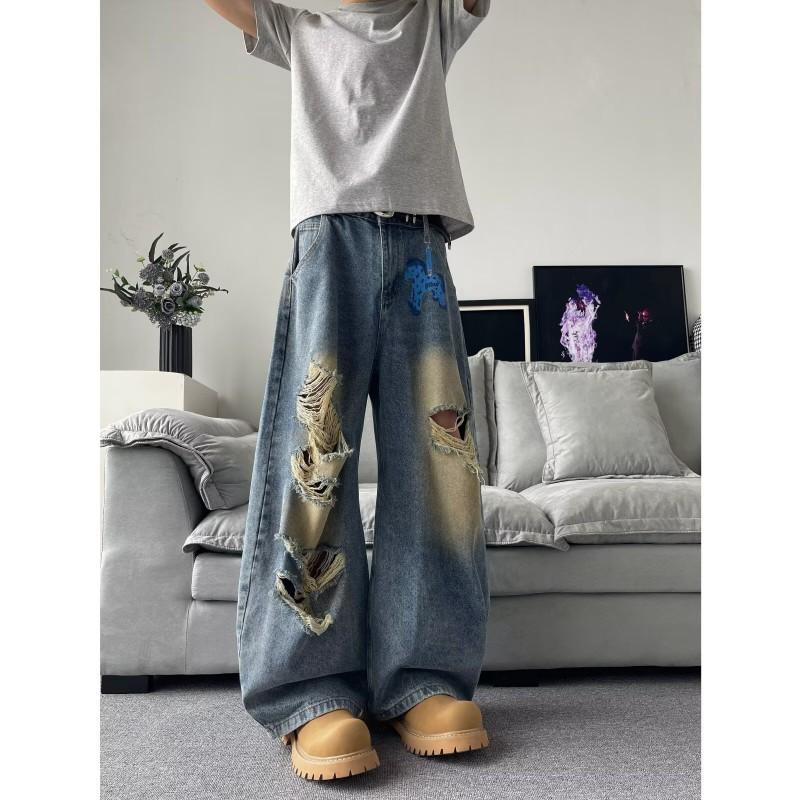 Retro Washed Distressed Denim Jeans Men Women Loose Straight Cut Slimming Fit High Street Style