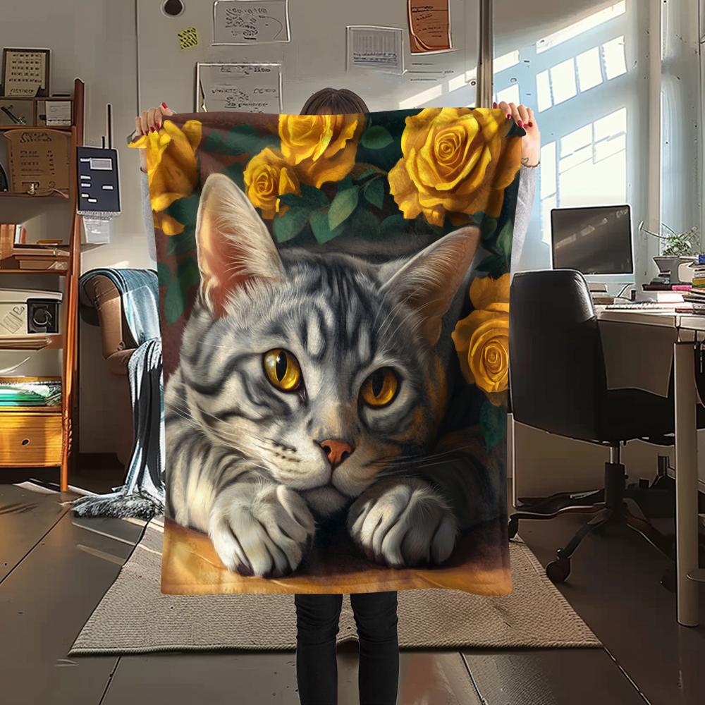 American Shorthair and Roses,pattern Flannel Blanket, High quality Comfortable for All Seasons, Home Decor, Warmth and Comfort, Perfect for Gifts.