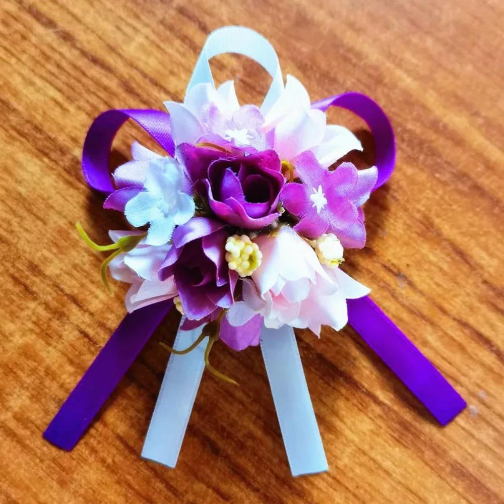 YO CHO Wedding Corsages Flower Groom Boutonniere Purple Silk Rose Man Brooches Wedding Bridesmaids Bracelet Wrist Corsage Flower