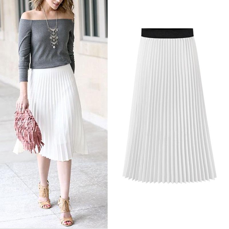 Women's Plus Size Chiffon Pleated A-Line Skirt - Summer Korean Style, High Waist, Medium to Long Length