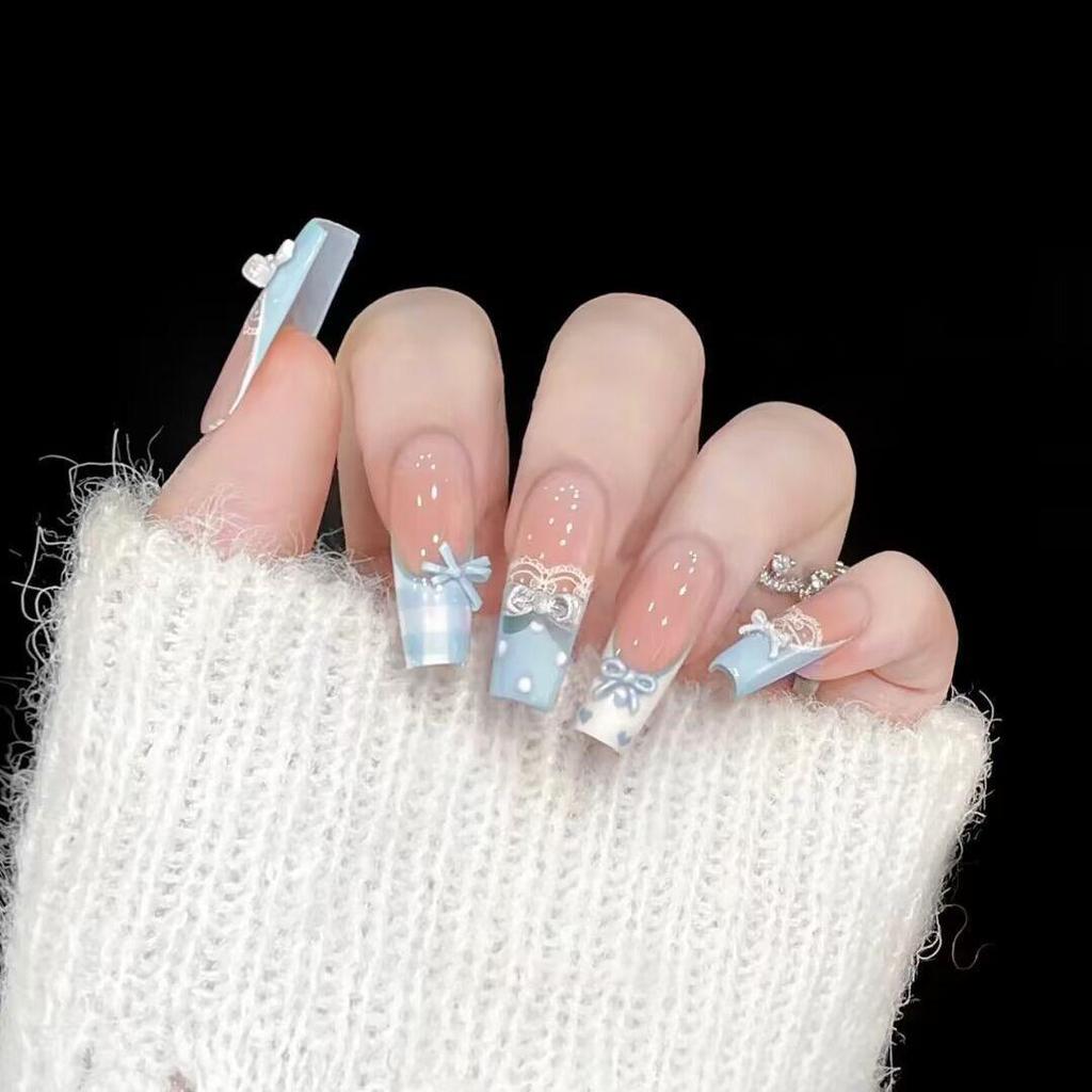 Blush French Cat Eye Princess Bow Nails - Handmade Wearable Nail Art