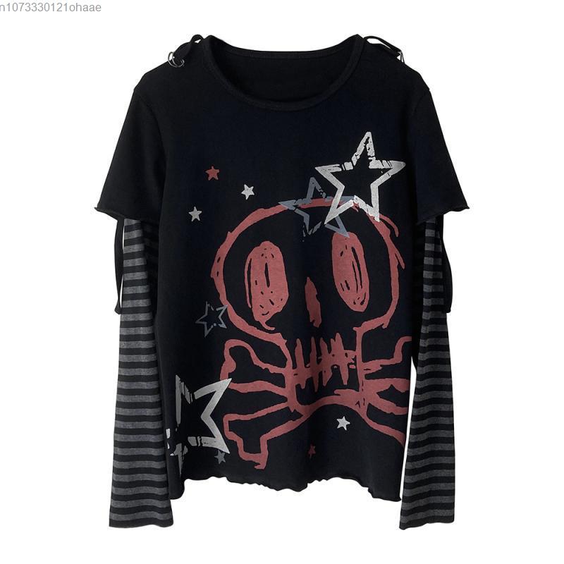 Autumn Aesthetic Punk Printed Long Sleeved Tops Women Harajuku Rock Y2k Fake Two Piece T-shirt Japanese Fashion Loose Casual Clothes