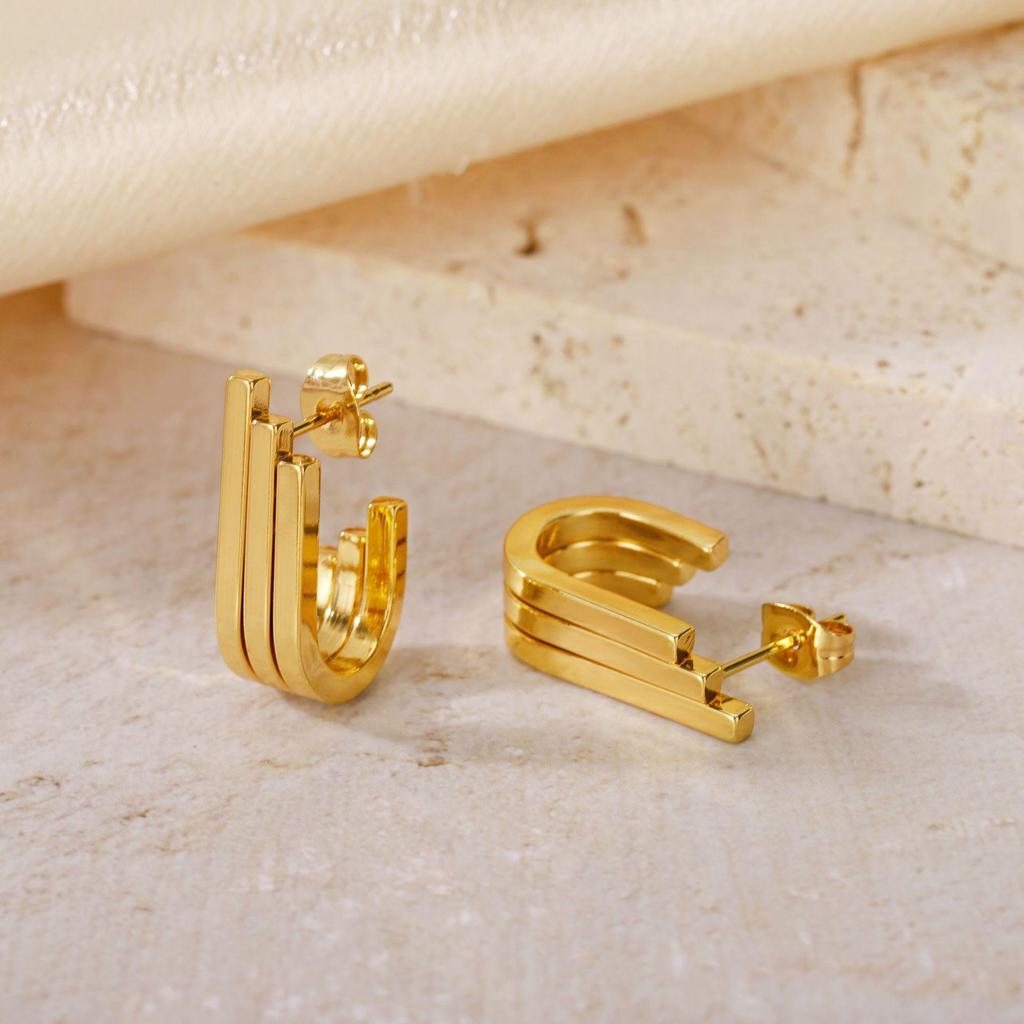 Gold Titanium Steel Multilayer Hoop Earrings - Light Luxury, Colorfast, High-End Feel