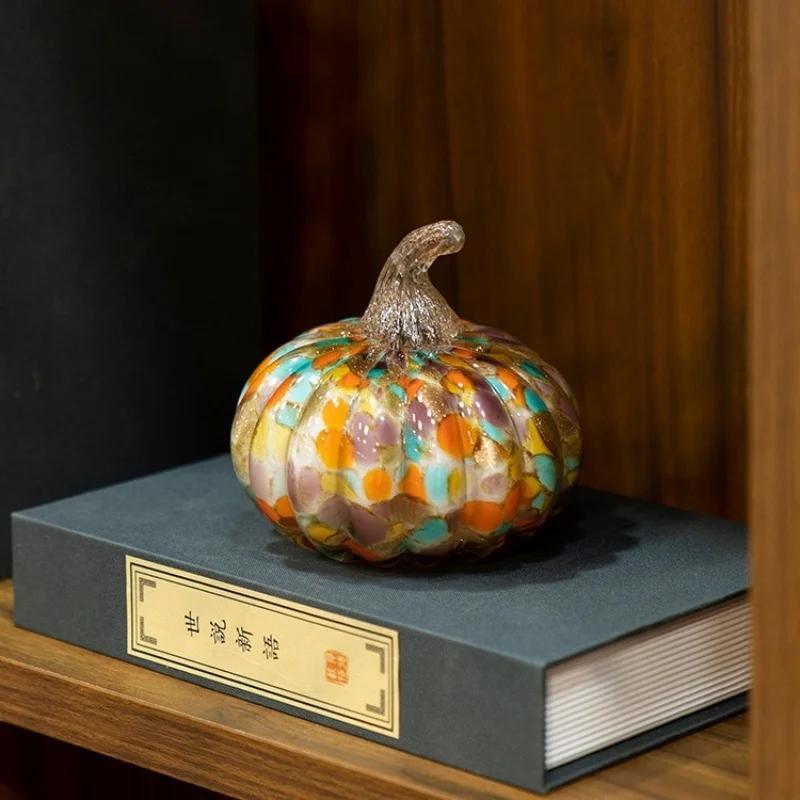 Creative Glass Craft Artificial Pumpkin Sculpture Colored Transparent Glazed Pumpkin Craft Decorative Figurines Home Decoration
