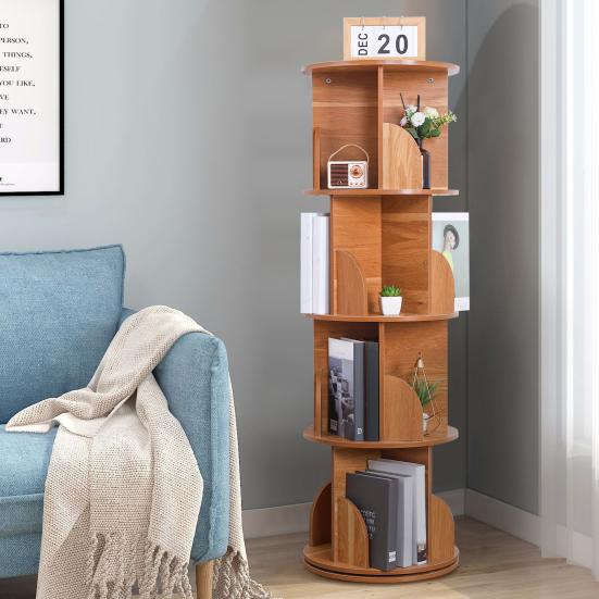 Spinning Bookshelf 360 Rotation Display 4 Tier Floor Standing Bookcase Small Corner Bookcase for Small Space Kids Room Book Storage Organizer