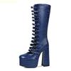 2025 New Hollow Knee-High Boots Crocodile Pattern Sexy Boots Platform Zipper Square Heel Buckle Strap Women Pole Dance Shoes