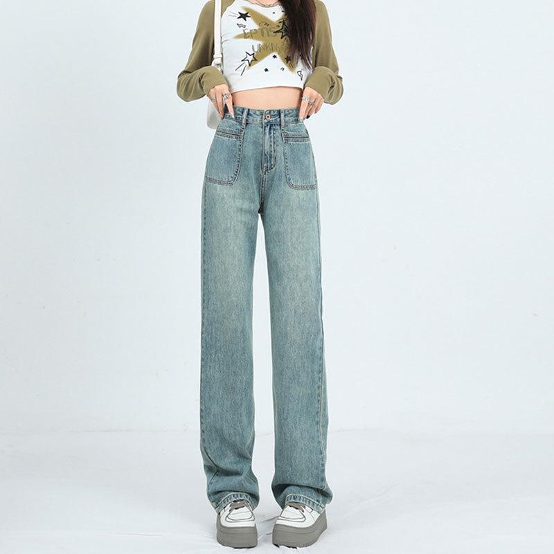 Women's Blue-Gray High Waist Wide-Leg Jeans - Casual Spring/Autumn Loose Fit